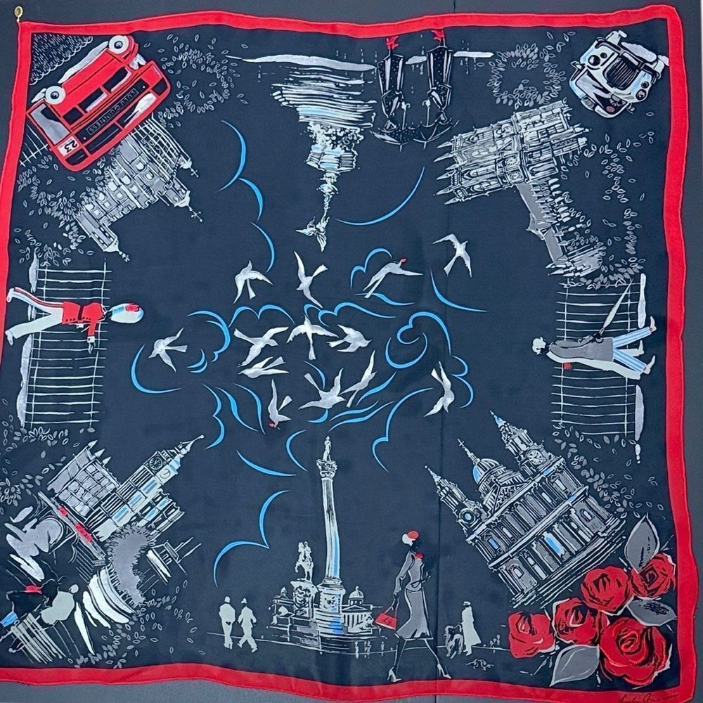 Lulu Guinness Silk Chiffon Scarf London Conture Themed Black Red Sheer 33x33" - Picture 2 of 15